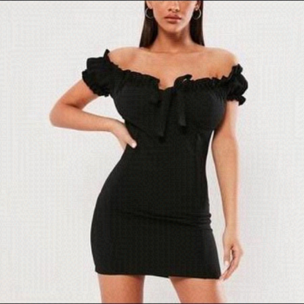 𝅺new WITH TAGS Missguided Bardot Milkmaid Mini Bodycon Dress in Black ~ size 2